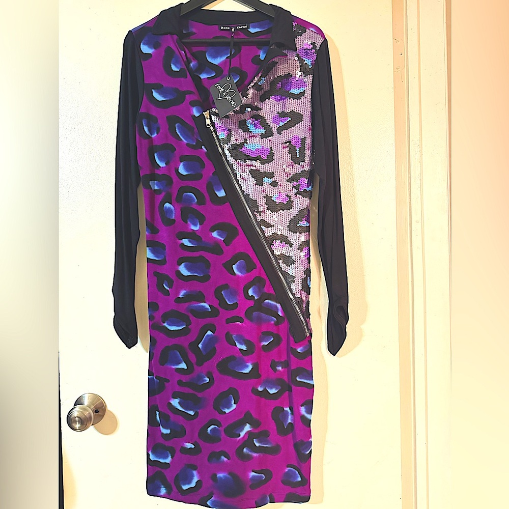Rock N Karma purple leopard sequinned long-sleeved dress. Large with stretch.